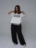 IFOMT CCCP Letter Embroidery Stand Collar Hollow Knit Sweater