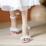 IFOMT Women's Summer Ribbon Bow Pearl Buckle Fairy Style Fashion Sandals