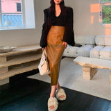 fashion outfits Brown Leather Skirt for Women 2024 New Spring and Autumn Mid-Length High-End Sense Royal Sister A- Line Hip Skirt Split Skirt