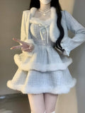 IFOMT Fur-Trimmed Tiered Dress & Coat Set