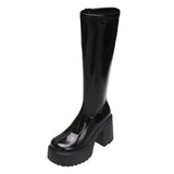 IFOMT  Chunky Heel Platform Long Boots for Women Black Patent Leather Knee High Boots Woman Winter Thick High Heels Punk Shoes