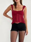 IFOMT Ruffle Hem Cami Top for Women Y2k Ruched Front Cute Bow Semi Sheer Mesh Backless Flowy Tank Top Coquette Streetwear