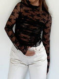IFOMT Women Long Sleeve T-Shirts Mesh Sheer Lace Ruched Mock Neck Shirts Summer Casual Slim Fit Tops Streetwear
