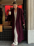 IFOMT Burgundy Wool Blends With Belt Long Coat For Women Fashion Lapel Full Sleeves Oversize Jacket 2024 New Office Lady Outerwear