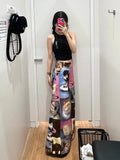 IFOMT American Street Cute Cartoon Print Pants for Women 2024 New Loose Wide Leg  Y2k Grunge High Waist Straight Trousers