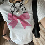 IFOMT Y2K Aesthetic 00s Retro Cropped Tops Bowknot Print T-shirt Preppy Cute Short Sleeve O Neck Baby Tees Chic Fashion Streetwear