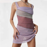 IFOMT 2024 Sexy Ruched U Collar Contrast Color Plaid Print Mini Mesh Sling Dress Women Packages Hips A-lined Robe With Lining