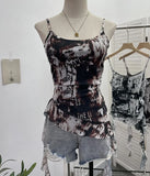 IFOMT Women's Wasteland Style Chic Lettering Tie-Dye Printed Mesh Top Hot Girl Irregular Ribbon Adjustable Spaghetti StrapsTank Top