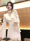 IFOMT Elegant Wedding Evening Party Dresses for Women Autumn V-neck Flare Sleeve Pleated Long Dress Korean Fashion One Piece Vestidos