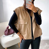 IFOMT PU Leather Vest Waistcoat Women Autumn Sleeveless Zipper Black Motorcycle Jacket 2022 Hot High Street Y2K Tops Vests