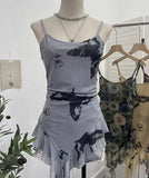 IFOMT Sexy Hot Girl Mesh Printed Camisole Slim Fit Irregular Ribbon Ruffled Sleeveless Top Ruffled Vest Party Essential Club Streewear