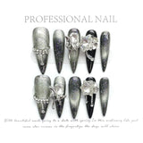 IFOMT 10pcs ballet acrylic long stiletto black glitter sweet cool artificial nails with glue handmade false nails y2k stick on nails