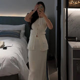 IFOMT Summer Fashion Knitted Skirt Suit Sleeveless Vest Pocket Slit High Waist Long Skirt Elegant White Ribbed Knitwear Outfits