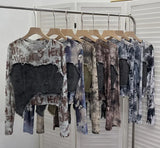IFOMT Women Raw Edge Denim Spliced Tie-Dye Mesh Irregular T-Shirt Vintage Sexy See Throgh Top Y2K Top Casual Holiday Club Streetwear