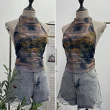 IFOMT Women Sexy Backless Halter Vest Hot Girl's Tight Strap Butterfly Hot Diamond Printed Crop Top Vest Party Leisure Essential Tops