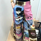 IFOMT American Street Cute Cartoon Print Pants for Women 2024 New Loose Wide Leg  Y2k Grunge High Waist Straight Trousers