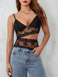 IFOMT Women Y2K Floral Lace Cami Top Spaghetti Strap Camisoles V Neck Backless Cami Crop Tops Sexy Cutout Mesh Sheer Tops Clubwear