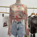 IFOMT Women's Sexy See Through Tie Dye Print Mesh Long Sleeve T-shirt Drawstring Lace Up Short Bell Sleeve Top Casual Streetwear 8929