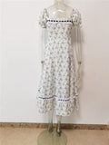 Ifomt New Summer Print Plaid Short Sleeve Square Collar High Waist Lace-up Holiday Vocation Beach Long Women Dress
