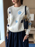 IFOMT Floral Embroidery Round Neck Knitted Pullover