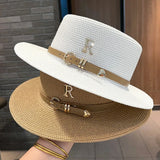 IFOMT Summer Sun Hat Flat Top Straw Hats for Women New Metal R Letter Fashionable Beach Sun Hat Females Travel Holidays Boater Hat