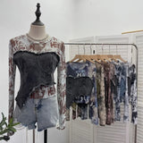 IFOMT Women Raw Edge Denim Spliced Tie-Dye Mesh Irregular T-Shirt Vintage Sexy See Throgh Top Y2K Top Casual Holiday Club Streetwear