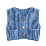 IFOMT Fashion Sleeveless Knitted Cardigan Vests For Women Autumn New Short Sweater Button With Pockets Solid Color Knitted Top