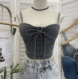 IFOMT Women  Women Sexy Chic Denim Crop Top Lace Up With Padded Adjustable Shoulder Straps Bow Short BandeauTop Summer Y2K Club Wear
