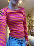 IFOMT Y2K Cottage Tops Women's Knitted T-Shirts Striped Contrast Color Slim Fit Long Sleeve Round Neck Casual Tops