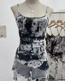 IFOMT Women's Wasteland Style Chic Lettering Tie-Dye Printed Mesh Top Hot Girl Irregular Ribbon Adjustable Spaghetti StrapsTank Top