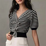 IFOMT Women's Striped Knitted Tops Y2K Short Puff Sleeve V Neck Bow Front Crop Sweater Shirt Casual Slim Blouses Streetwear