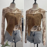 IFOMT Women's Sexy See Throgh Top Y2K Vintage Washed Raw Edge Denim Pacthwork Mesh Long Sleeve Shirt Casual Holiday Club Streetwear