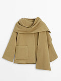 IFOMT Classical Scarf Collar Woolen Short Coats For Women Causal Loose Big Pocket Green Long Sleeve Jacket Winter Female Commute Tops