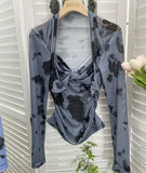IFOMT Retro Tie Dye Print Halter Neck Bottoming Long Sleeve Top Sexy Hot Girl V Neck Pleated T-shirt Slim Mesh Y2K Top Essential 8929