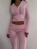 IFOMT Women Spring Outfits Casual Zipper Sweater Hoodie Set High Waist Flare Pants Suits Pink Knitted Womens Y2k Two Piece Set