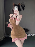 IFOMT Lingerie Plush Backless Maid Dress Teddy Mature Charm Elegant Gentle Solid New Bear Sexy Lace Bow Buttocks Wrapped Dress CUUY