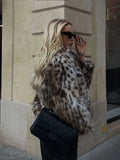 IFOMT Fashion Leopard Faux Fur Women Jacket Vintage Long Sleeves Turn-down Collar Female Cardigan 2024 Winter Loose Warm Lady Coats