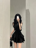 IFOMT Fashion Off Shoulder Sleeveless Halter Black Tops Women+ Y2k E-Girl High Waist Ruched Skirts 2024 Summer New Two Piece Sets