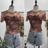 IFOMT Retro Print Short Sleeve T-Shirt Hot Girl Tie Dye Mesh Three-dimensional Flower Pleated Cropped Top See Through Summer Tees y2k