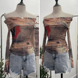 IFOMT Women Retro Tie Dye Abstract Print Front Double Layer Mesh Top One Shoulder Drawstring Pleated Long Sleeve Y2K Boat Neck Top2579