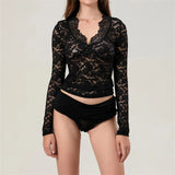 IFOMT Women Y2k Lace Long Sleeve Crop Top Sexy V Neck Floral Sheer Mesh Top Cute See Through Blouse Night Clubwear