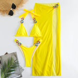 IFOMT Yellow Sexy Rhinestones Bikinis 2024 Women Swimwear Female Swimsuit Swimming Bathing Suits Brazilian Bikini Set Beachwear Bather