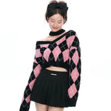 IFOMT American Sweet Black Pink Argyle V-neck Pullovers Autumn Winter New Sweaters Mujer Y2k Long Sleeve Loose Knitted Tops Women