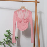 IFOMT Women Square Neck Tie Halter Mesh See Through Long Sleeve T-shirt Sexy Lce Up Slim Fit Short Slit Cuff Top PartyClub Streetwear