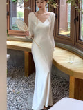 IFOMT Autumn Satin Long Dresses for Women Wedding Evening Party Dress Prom Robe Solid V-neck Long Sleeves Mermaid One Piece Vestido