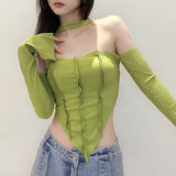 IFOMT Women's Fairycore Y2K Crop Tops Halter Neck Cold Shoulder Silt Long Sleeve Solid Color Slim Triangle Hem Chic T-Shirt