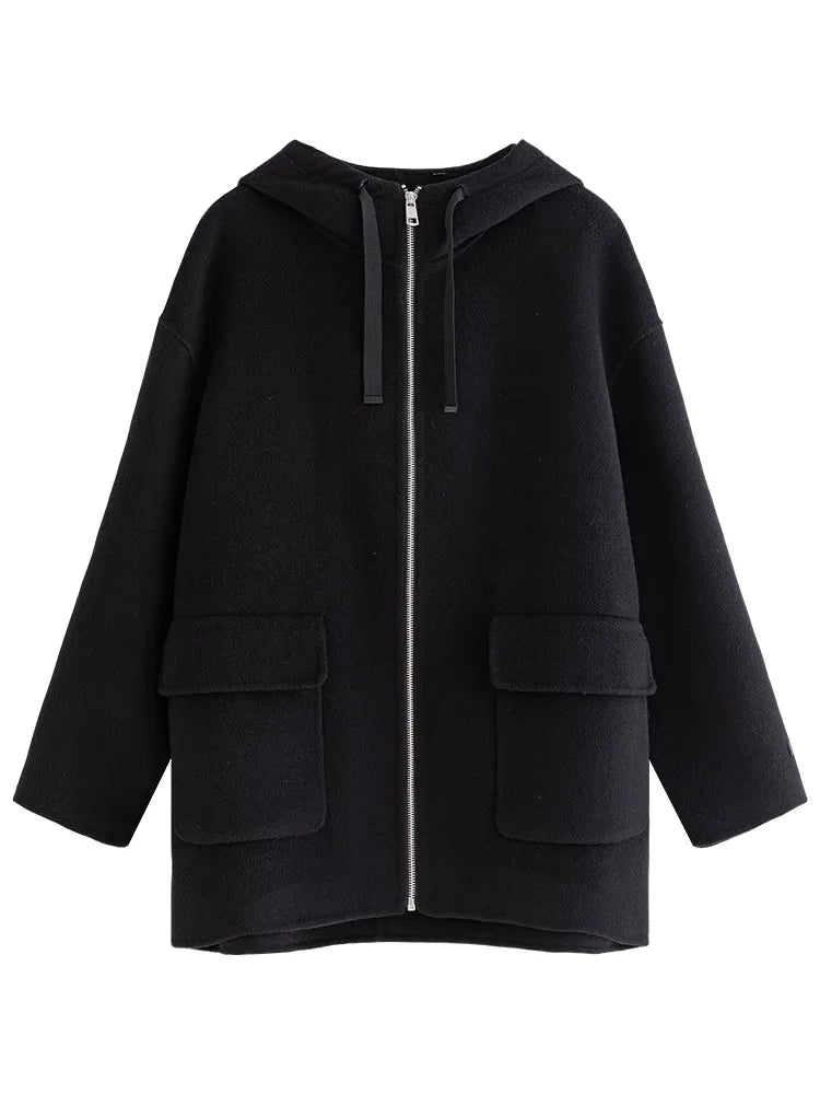 Ifomt Simple Sense Casual Style Hooded Woolen Coat for Women 2023 Winter New Loose Sense All-match Full Wool Coat Female