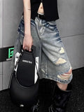 IFOMT American Street Washed Blue Denim Shorts Y2k E-Girl High Waist Loose Wide Leg Jeans 2024 New Hole Straight Knee-Length Pants