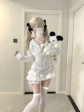 IFOMT Sweet Cute Rabbit Ear Hooded Lace Long Sleve Sweatshirts Jacket+ Y2k High Waist White Cake Skirts Fashion New Two Piece Sets