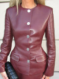 IFOMT 2024 New Burgundy Pu Leather Skirt Sets Elegant O-neck Single Breasted Slim Jackets 2 Piece Suit Female Office High Streetwear